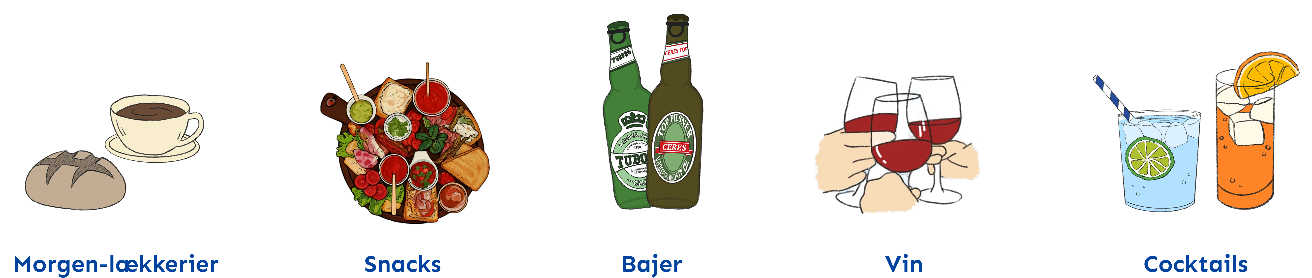 udvalg af snacks morgengodt bajer vin og Cocktails