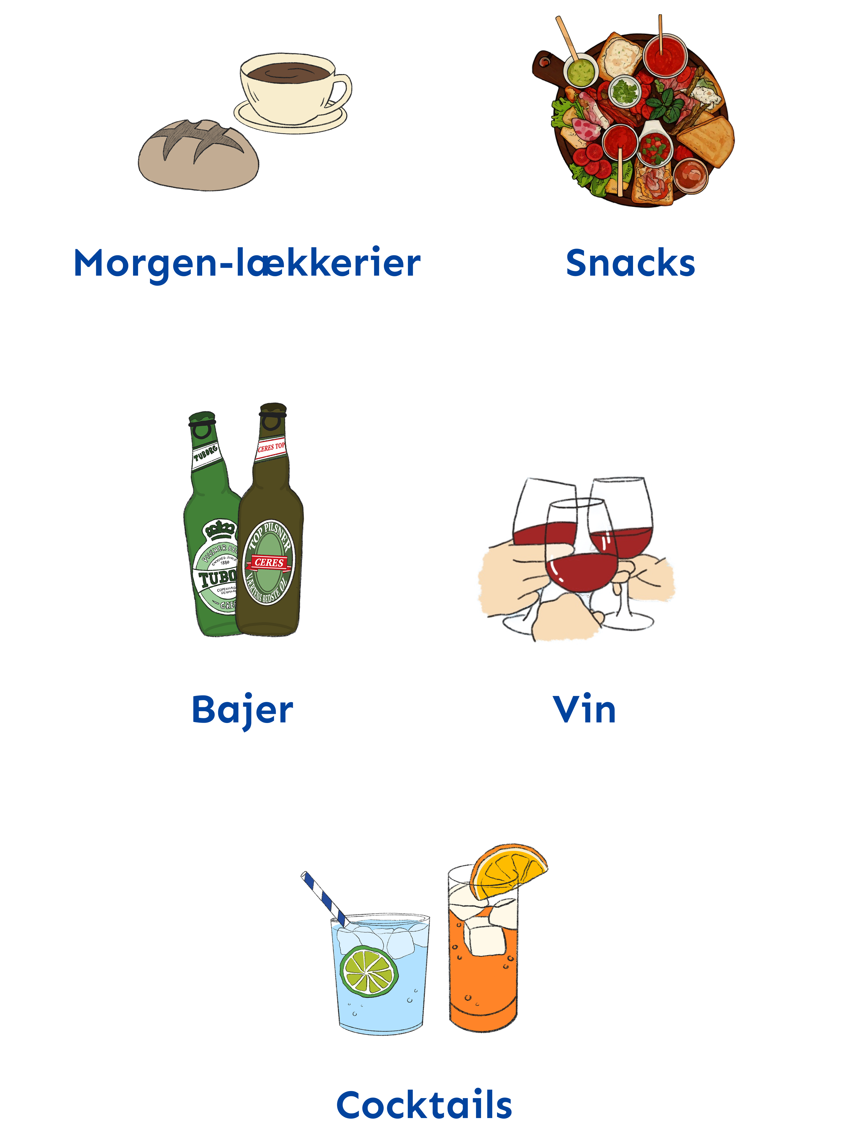 udvalg af snacks morgengodt bajer vin og Cocktails